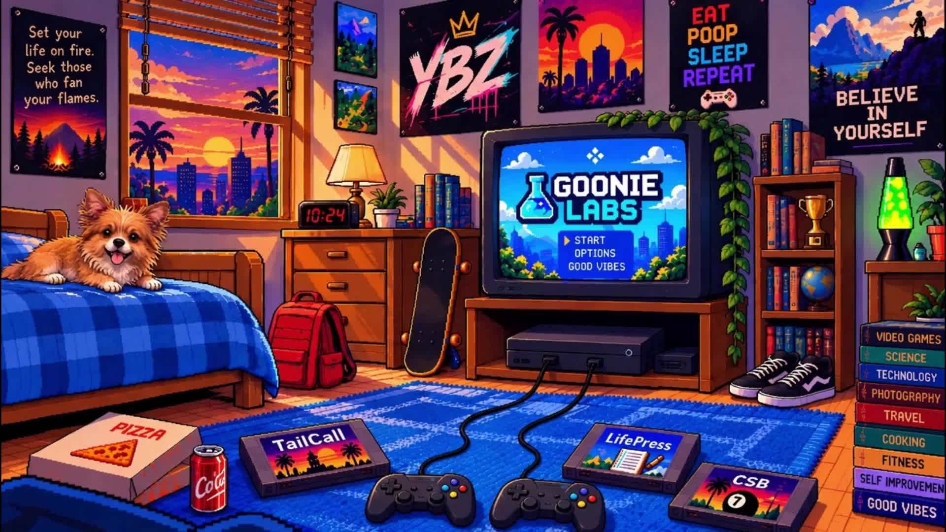 A cozy pixel-art bedroom at sunset, with a corgi on the bed, a Goonie Labs television, and a game console. Three app cartridges rest on the blue rug.